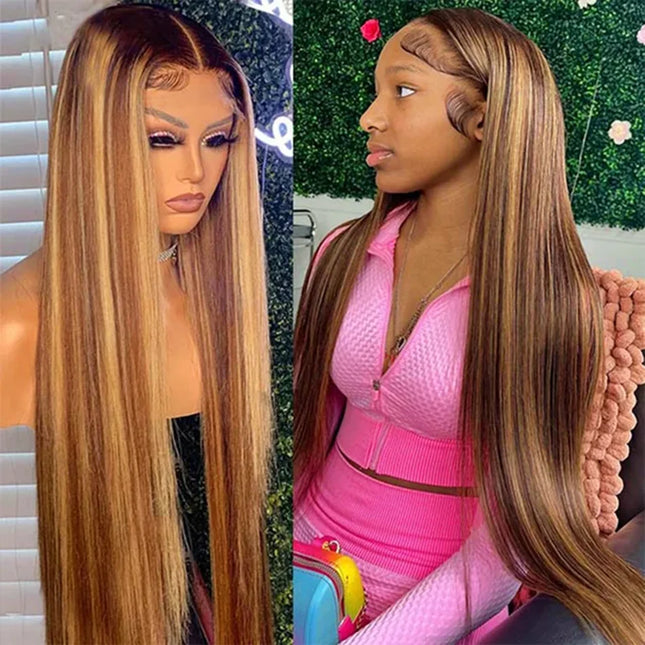 HD 13x6 Highlight Wig Human Hair Glueless Vietnamese Super Double Drown Bone Silk Straight Lace Frontal Wig Brown Lace Front Wig