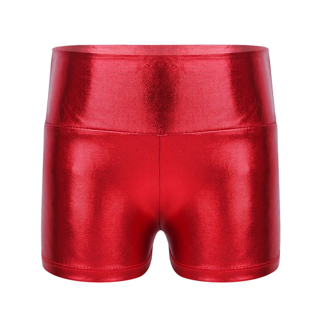 Kids Girls Metallic Shiny High Waist Yoga Ballet Dance Shorts Activewear Children Sports Gymnastics Yoga Swim Workout Bottoms