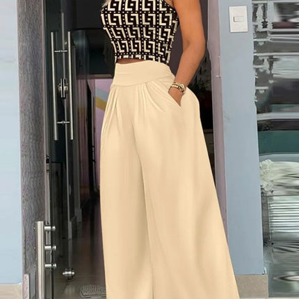 2025 Summer Fashion Printing Two Piece Set Women Casual Solid Sleeveless Tank Top Wide Leg Pants Two Piece Set Women