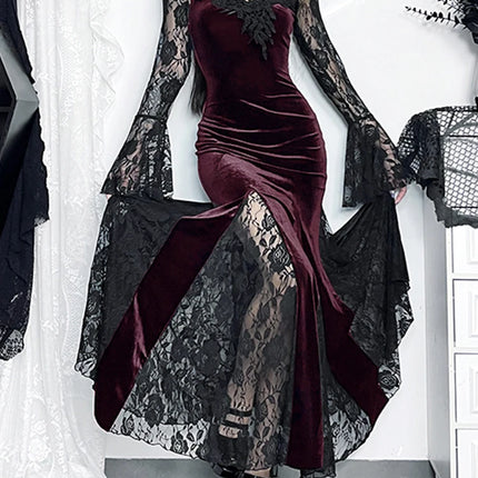 AltGoth Aesthetic Gothic Midi Dress Women Vintage Elagnt Lace Patchwork See Through Flare Sleeve High Waist Clubwear Dress Femme