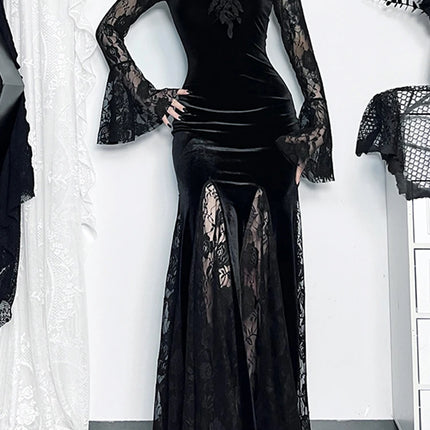 AltGoth Aesthetic Gothic Midi Dress Women Vintage Elagnt Lace Patchwork See Through Flare Sleeve High Waist Clubwear Dress Femme