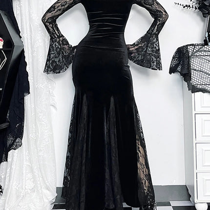AltGoth Aesthetic Gothic Midi Dress Women Vintage Elagnt Lace Patchwork See Through Flare Sleeve High Waist Clubwear Dress Femme
