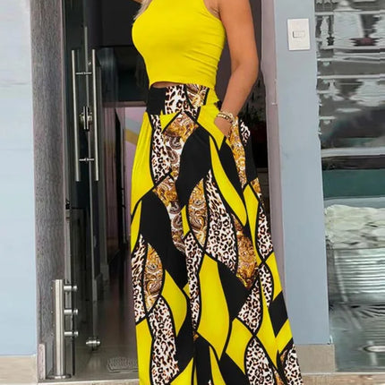 2025 Summer Fashion Printing Two Piece Set Women Casual Solid Sleeveless Tank Top Wide Leg Pants Two Piece Set Women