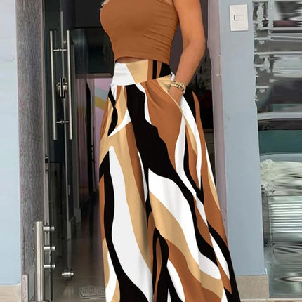 2025 Summer Fashion Printing Two Piece Set Women Casual Solid Sleeveless Tank Top Wide Leg Pants Two Piece Set Women