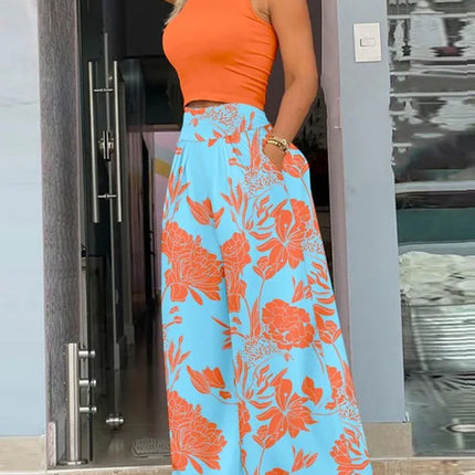2025 Summer Fashion Printing Two Piece Set Women Casual Solid Sleeveless Tank Top Wide Leg Pants Two Piece Set Women
