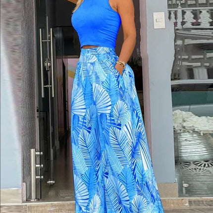 2025 Summer Fashion Printing Two Piece Set Women Casual Solid Sleeveless Tank Top Wide Leg Pants Two Piece Set Women
