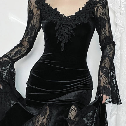 AltGoth Aesthetic Gothic Midi Dress Women Vintage Elagnt Lace Patchwork See Through Flare Sleeve High Waist Clubwear Dress Femme