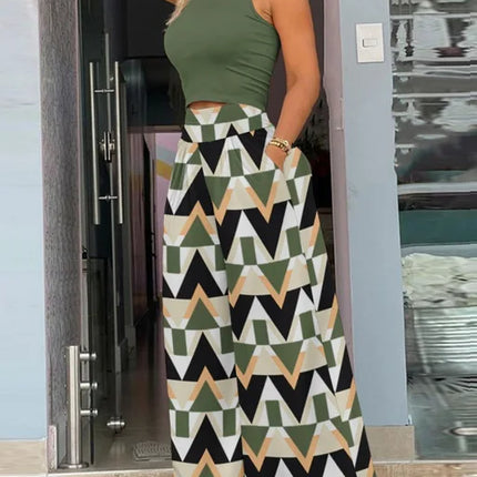 2025 Summer Fashion Printing Two Piece Set Women Casual Solid Sleeveless Tank Top Wide Leg Pants Two Piece Set Women