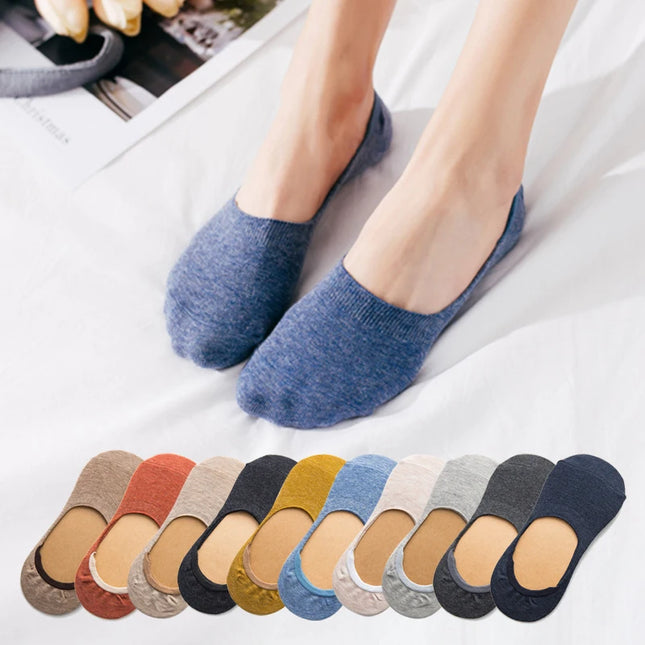 10 Pairs Women Cotton Low Cut Socks Solid Color Softable Summer Silicone Non-slip Deep Mouth Prevent Heel Loss Slipper Socks