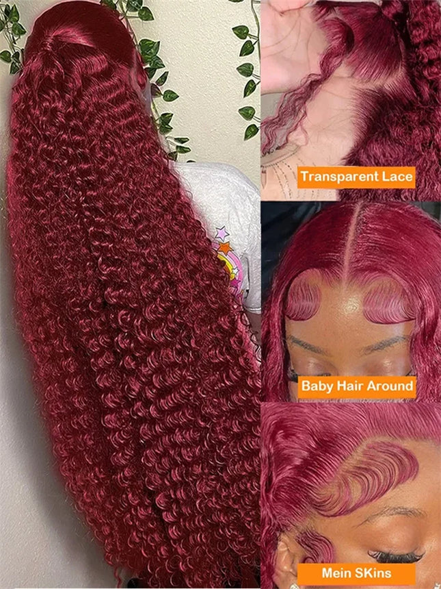 100% Human Hair Deep Wave 99J Burgundy 13x4 Lace Frontal Wig 13x6 Curly 30 40 Inch HD Lace Front Wigs Red Water Kinky Brazilian