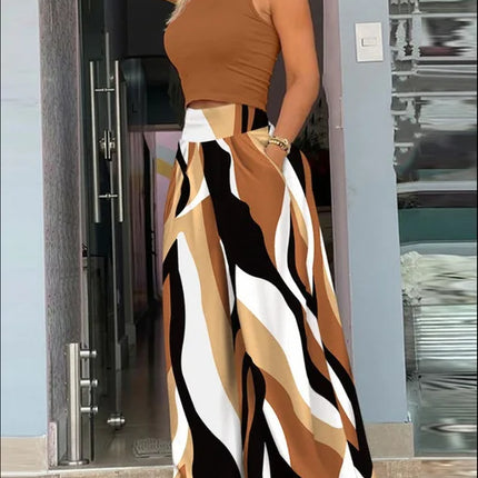 2025 Summer Fashion Printing Two Piece Set Women Casual Solid Sleeveless Tank Top Wide Leg Pants Two Piece Set Women
