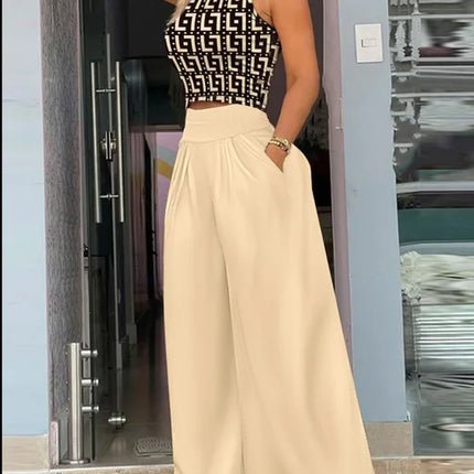 2025 Summer Fashion Printing Two Piece Set Women Casual Solid Sleeveless Tank Top Wide Leg Pants Two Piece Set Women