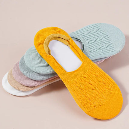 5 Pairs Women Cotton Low Cut Socks Solid Snowflake Softable Summer Silicone Non-slip Deep Mouth Prevent Heel Loss Slipper Socks