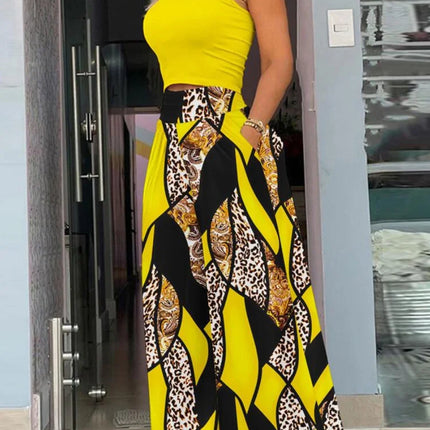 2025 Summer Fashion Printing Two Piece Set Women Casual Solid Sleeveless Tank Top Wide Leg Pants Two Piece Set Women