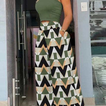 2025 Summer Fashion Printing Two Piece Set Women Casual Solid Sleeveless Tank Top Wide Leg Pants Two Piece Set Women